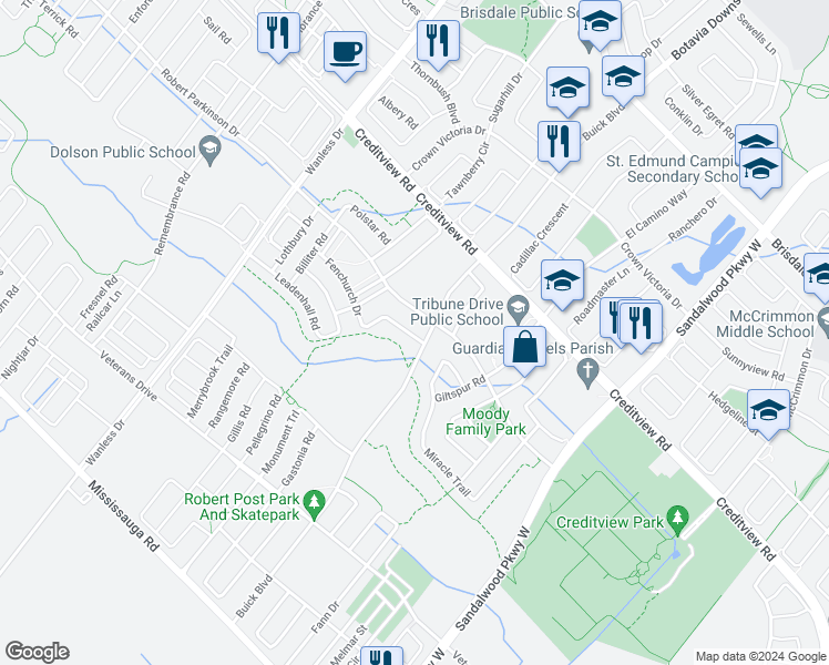 map of restaurants, bars, coffee shops, grocery stores, and more near 5 Fenchurch Drive in Brampton