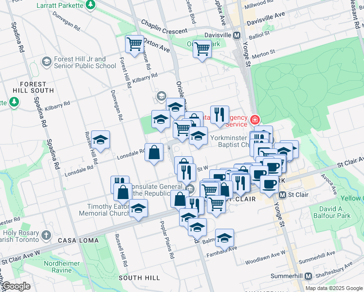 map of restaurants, bars, coffee shops, grocery stores, and more near 625 Avenue Road in Toronto