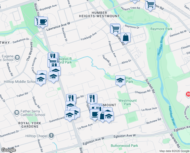 map of restaurants, bars, coffee shops, grocery stores, and more near 38 Westmount Park Road in Toronto