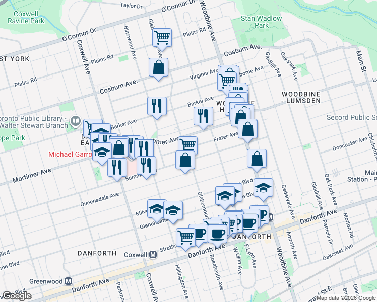 map of restaurants, bars, coffee shops, grocery stores, and more near 183 Glebemount Avenue in Toronto
