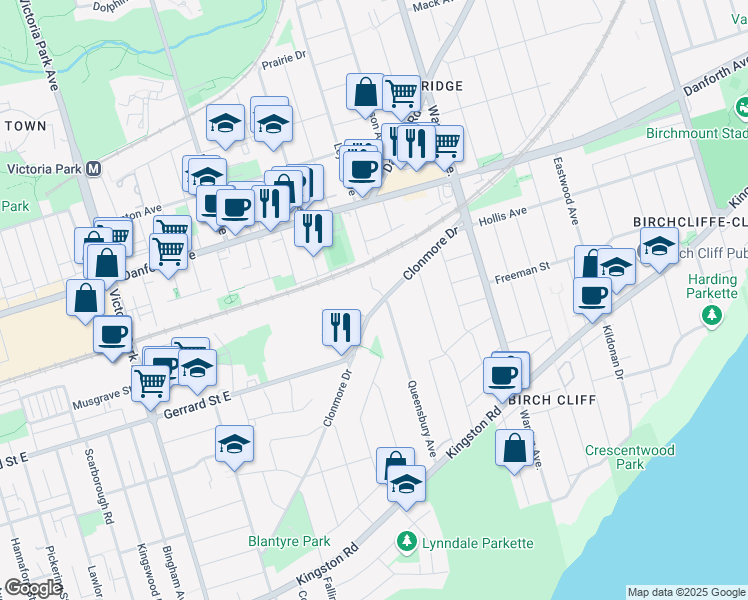 map of restaurants, bars, coffee shops, grocery stores, and more near in Toronto