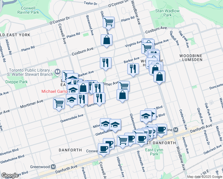 map of restaurants, bars, coffee shops, grocery stores, and more near in Toronto