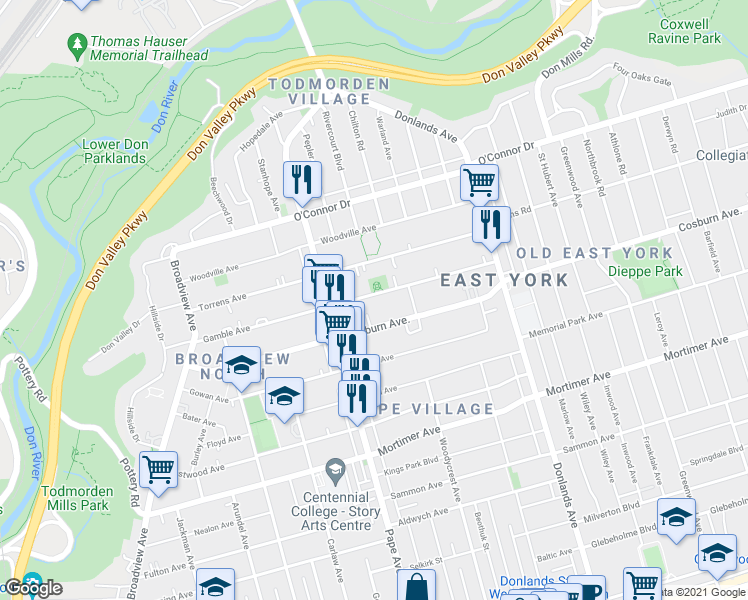 map of restaurants, bars, coffee shops, grocery stores, and more near in Toronto
