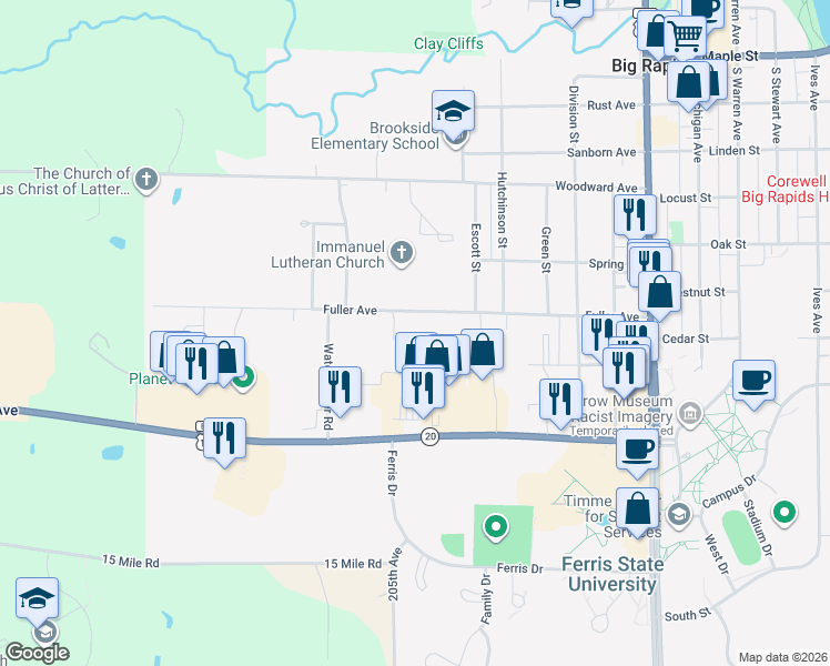 map of restaurants, bars, coffee shops, grocery stores, and more near 407-899 Fuller Avenue in Big Rapids Township