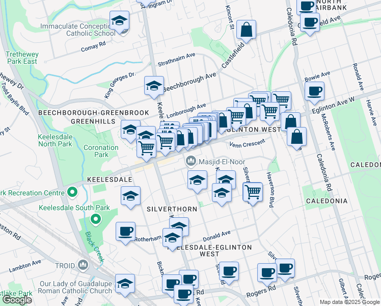 map of restaurants, bars, coffee shops, grocery stores, and more near in Toronto