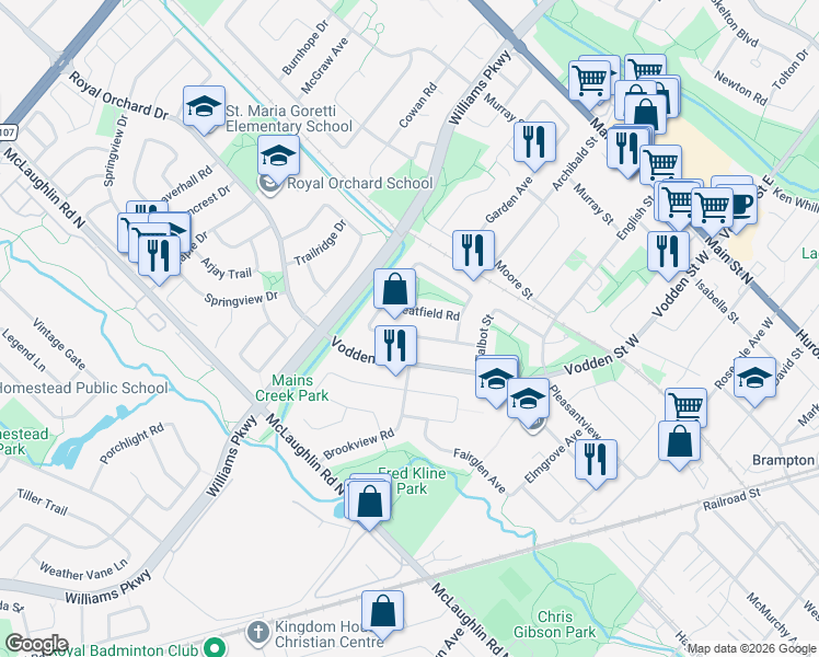map of restaurants, bars, coffee shops, grocery stores, and more near 39 Martindale Crescent in Brampton