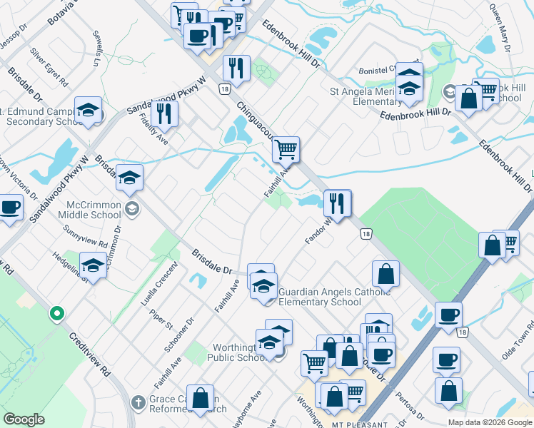 map of restaurants, bars, coffee shops, grocery stores, and more near 32 Maple Beach Crescent in Brampton