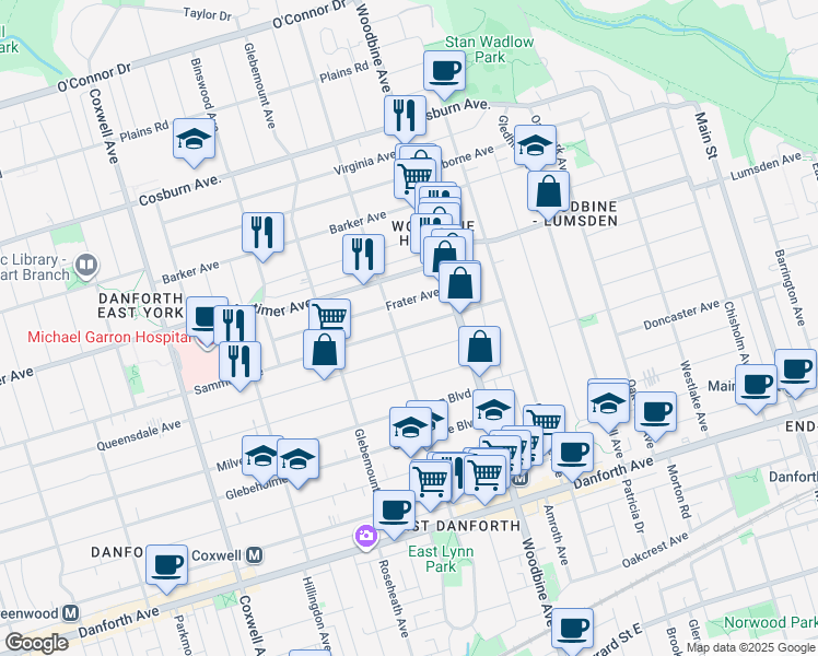 map of restaurants, bars, coffee shops, grocery stores, and more near 801 Sammon Avenue in Toronto