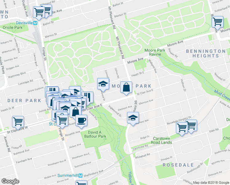 map of restaurants, bars, coffee shops, grocery stores, and more near 45 Rose Park Drive in Toronto