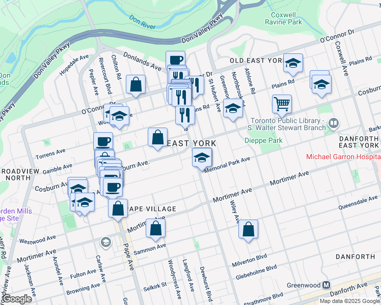 map of restaurants, bars, coffee shops, grocery stores, and more near 280 Donlands Avenue in Toronto