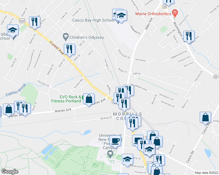 map of restaurants, bars, coffee shops, grocery stores, and more near 28 Maggie Lane in Portland