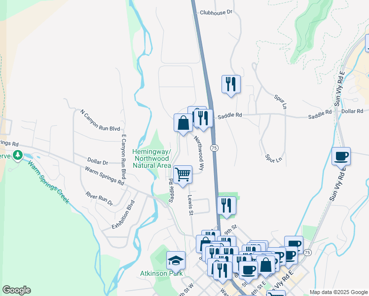 map of restaurants, bars, coffee shops, grocery stores, and more near 110 Lindsay Circle in Ketchum