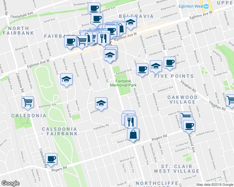 map of restaurants, bars, coffee shops, grocery stores, and more near 2208 Dufferin Street in Toronto