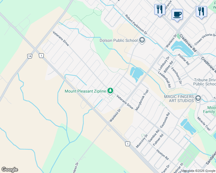 map of restaurants, bars, coffee shops, grocery stores, and more near in Brampton