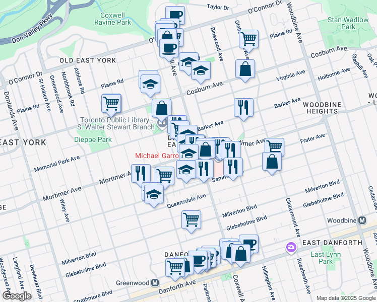 map of restaurants, bars, coffee shops, grocery stores, and more near 550 Mortimer Avenue in Toronto