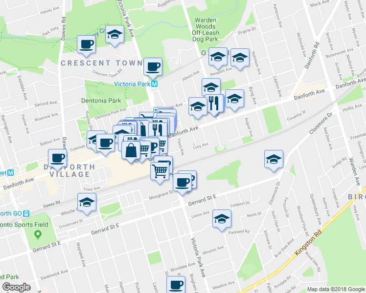 map of restaurants, bars, coffee shops, grocery stores, and more near 31 Thora Avenue in Toronto