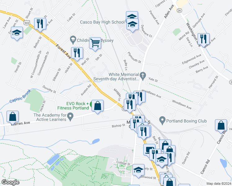 map of restaurants, bars, coffee shops, grocery stores, and more near 28 Maggie Lane in Portland