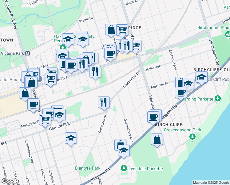 map of restaurants, bars, coffee shops, grocery stores, and more near in Toronto