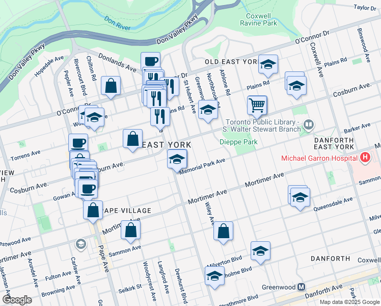 map of restaurants, bars, coffee shops, grocery stores, and more near in Toronto