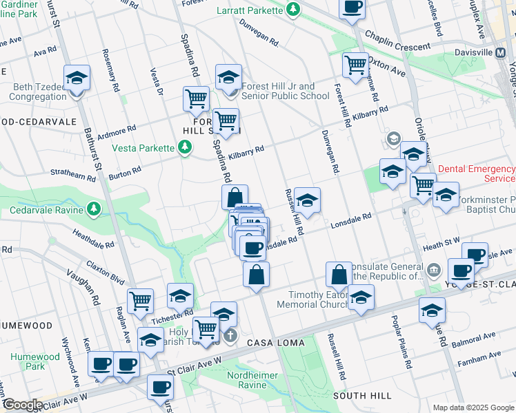 map of restaurants, bars, coffee shops, grocery stores, and more near in Toronto