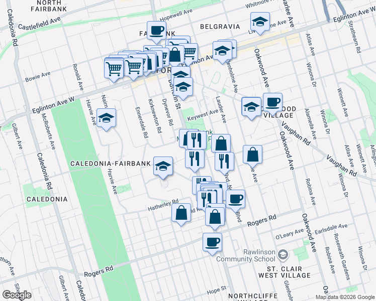 map of restaurants, bars, coffee shops, grocery stores, and more near in Toronto