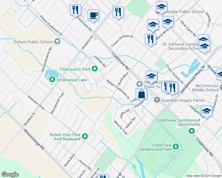 map of restaurants, bars, coffee shops, grocery stores, and more near 5 Fenchurch Drive in Brampton