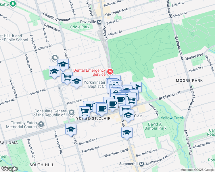 map of restaurants, bars, coffee shops, grocery stores, and more near 5 Mallory Gardens in Toronto