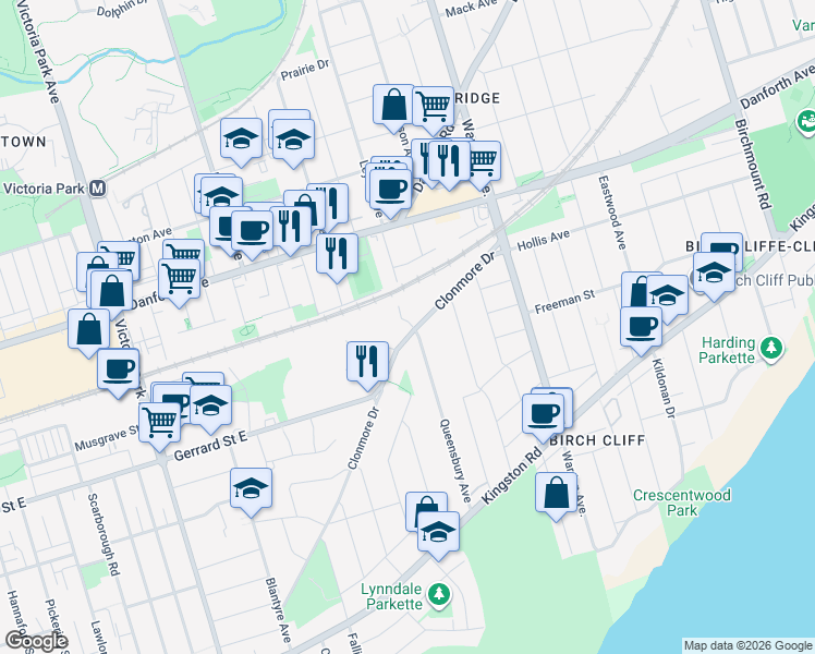 map of restaurants, bars, coffee shops, grocery stores, and more near 174 Clonmore Drive in Toronto