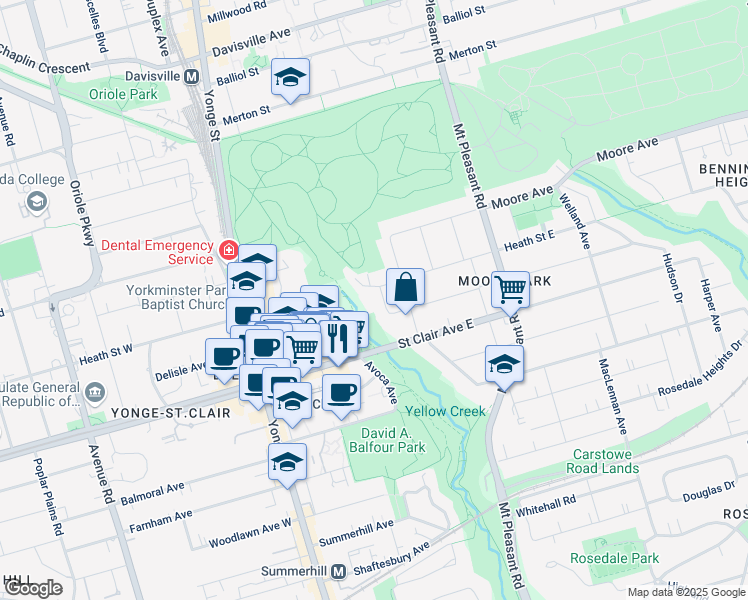 map of restaurants, bars, coffee shops, grocery stores, and more near 10 Rose Park Crescent in Toronto