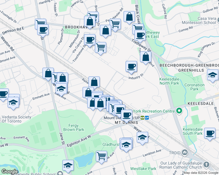 map of restaurants, bars, coffee shops, grocery stores, and more near 55 Ray Avenue in Toronto