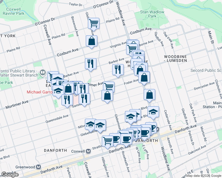 map of restaurants, bars, coffee shops, grocery stores, and more near 31 Frater Avenue in Toronto