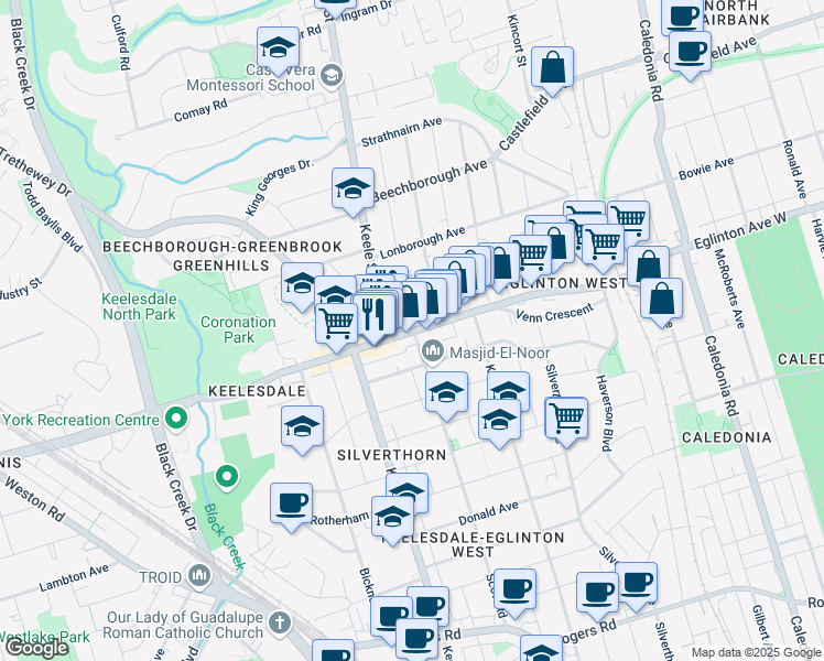 map of restaurants, bars, coffee shops, grocery stores, and more near 2574 Eglinton Avenue West in Toronto