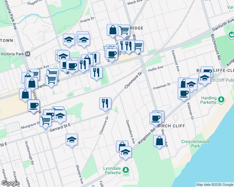 map of restaurants, bars, coffee shops, grocery stores, and more near 176 Clonmore Drive in Toronto