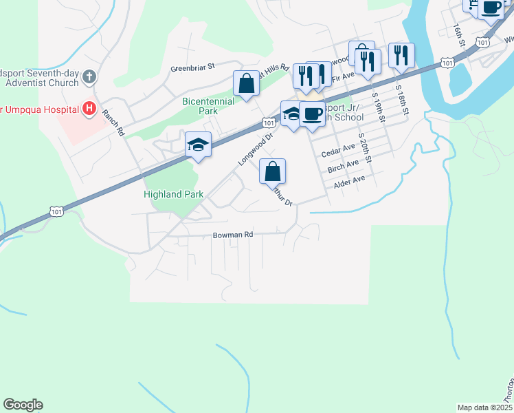 map of restaurants, bars, coffee shops, grocery stores, and more near 2620 Gardens Avenue in Reedsport