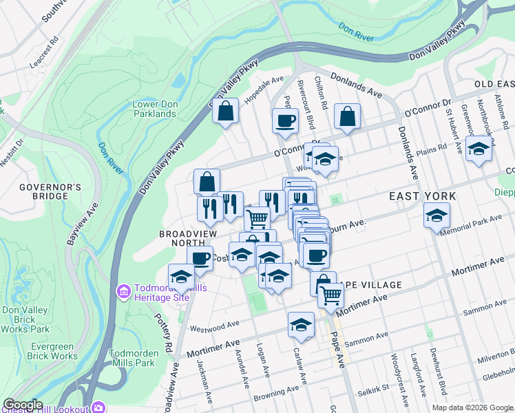 map of restaurants, bars, coffee shops, grocery stores, and more near 85 Gamble Avenue in Toronto
