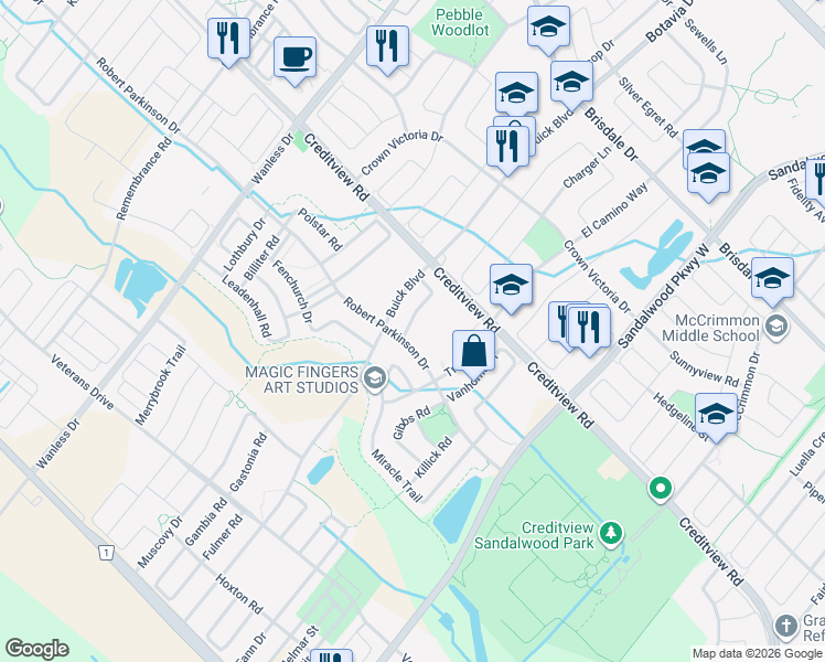 map of restaurants, bars, coffee shops, grocery stores, and more near 5 Mercedes Road in Brampton