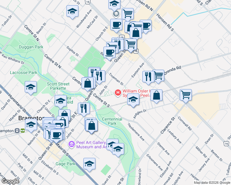 map of restaurants, bars, coffee shops, grocery stores, and more near 15 Lynch Street in Brampton