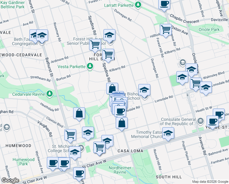 map of restaurants, bars, coffee shops, grocery stores, and more near 473 Spadina Road in Toronto