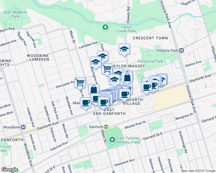 map of restaurants, bars, coffee shops, grocery stores, and more near 40 Balfour Avenue in Toronto