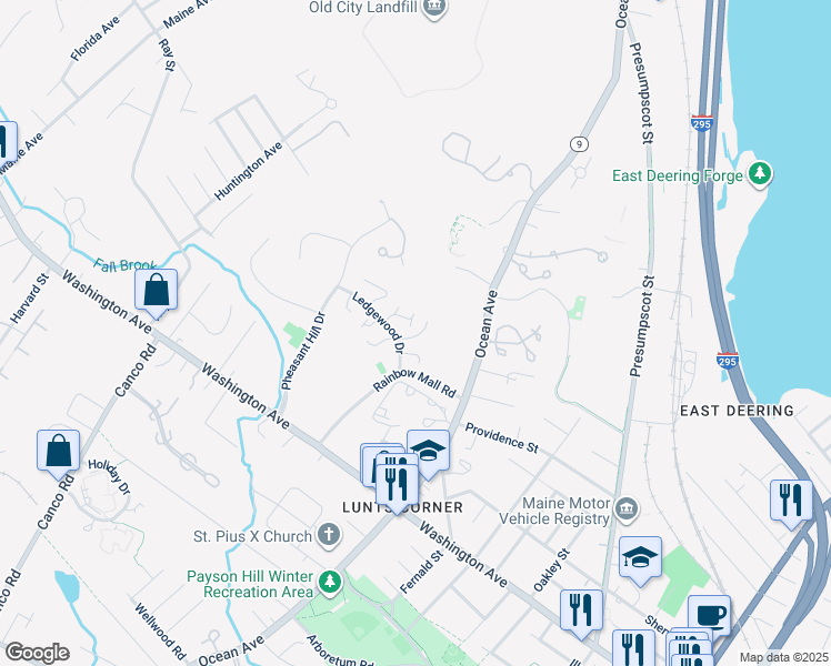 map of restaurants, bars, coffee shops, grocery stores, and more near 7 Cushing Court in Portland