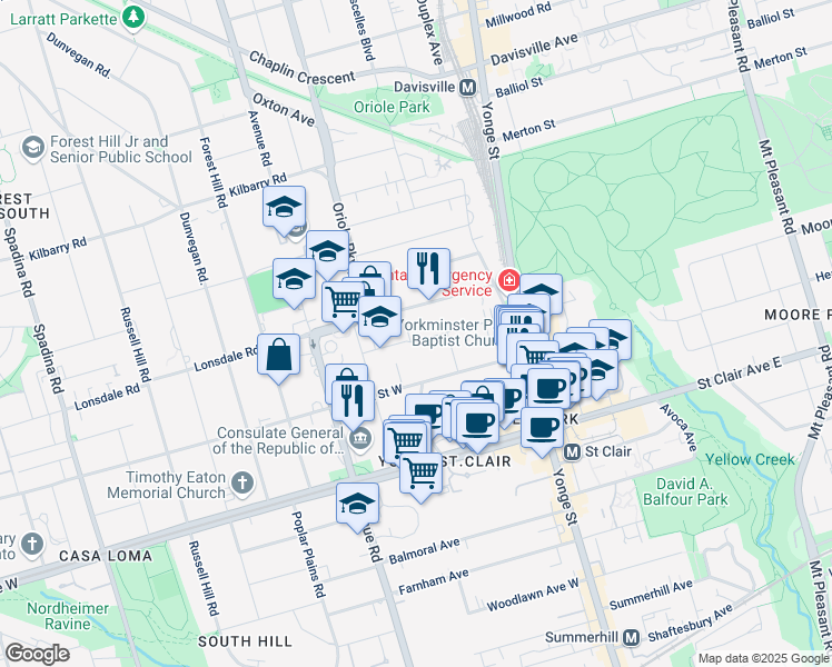 map of restaurants, bars, coffee shops, grocery stores, and more near 46 Oriole Gardens in Toronto