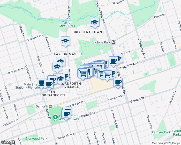map of restaurants, bars, coffee shops, grocery stores, and more near 12 Sibley Avenue in Toronto