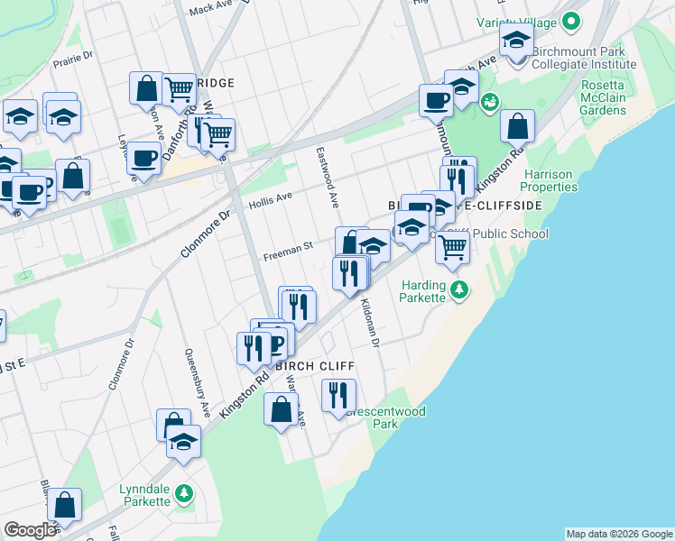 map of restaurants, bars, coffee shops, grocery stores, and more near 6 Kalmar Avenue in Toronto