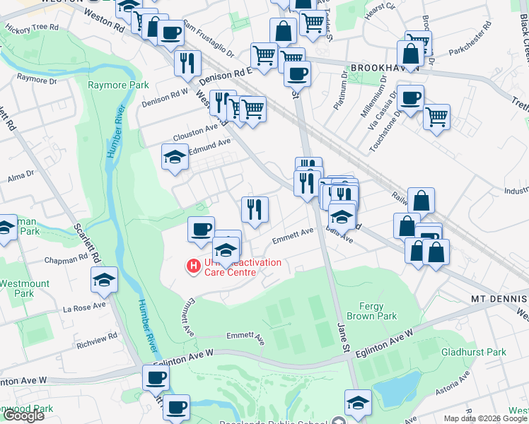 map of restaurants, bars, coffee shops, grocery stores, and more near 8 Birch Tree Crescent in Toronto