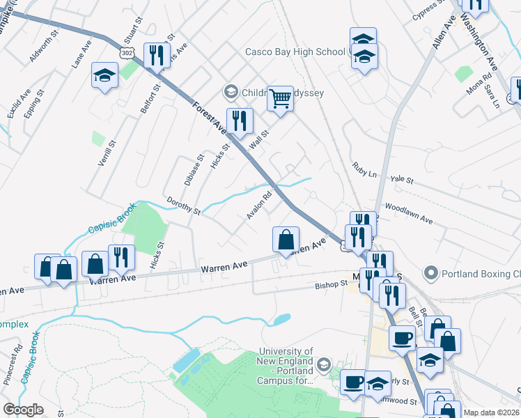 map of restaurants, bars, coffee shops, grocery stores, and more near 40 Avalon Road in Portland