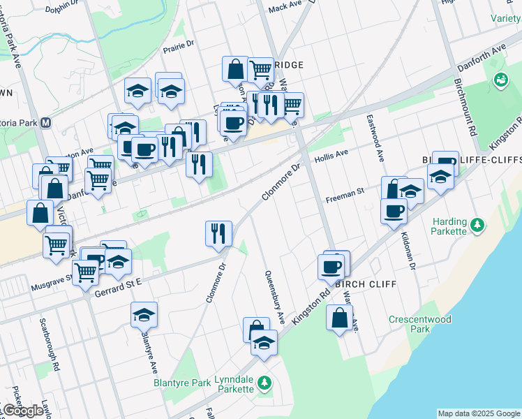 map of restaurants, bars, coffee shops, grocery stores, and more near in Toronto