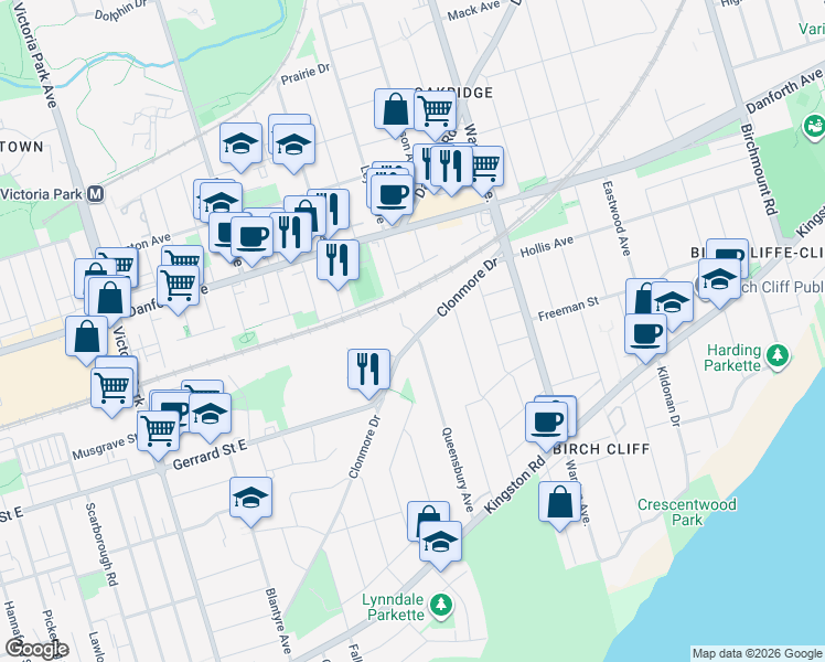 map of restaurants, bars, coffee shops, grocery stores, and more near in Toronto