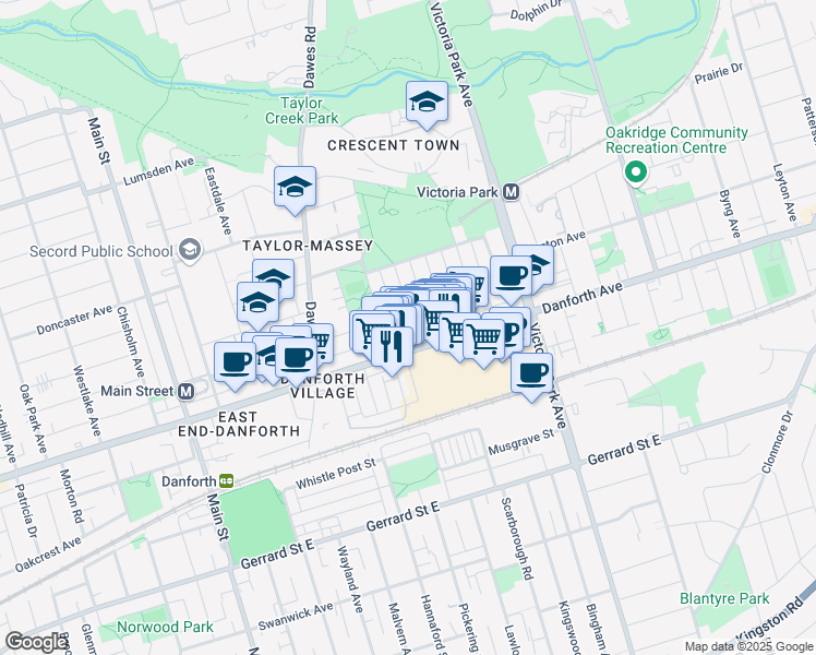 map of restaurants, bars, coffee shops, grocery stores, and more near in Toronto