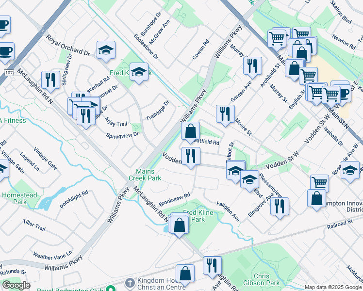 map of restaurants, bars, coffee shops, grocery stores, and more near 78 Martindale Crescent in Brampton