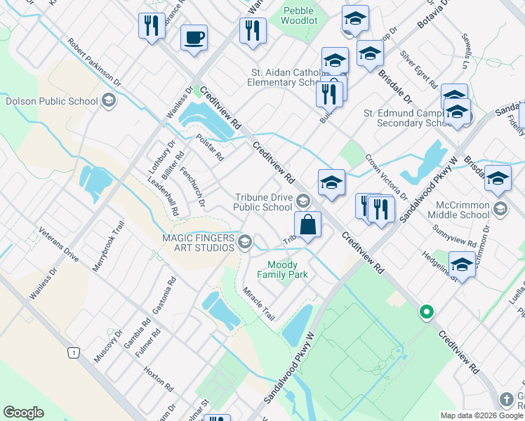 map of restaurants, bars, coffee shops, grocery stores, and more near in Brampton